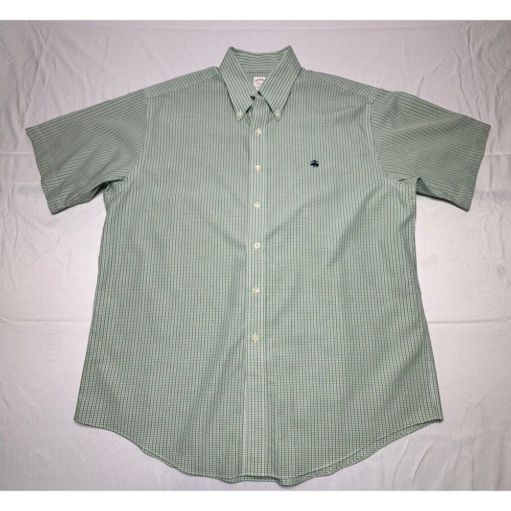 Brooks Brothers 1818 Men's Short Sleeve Green Plaid Logo Button Up Shirt - L